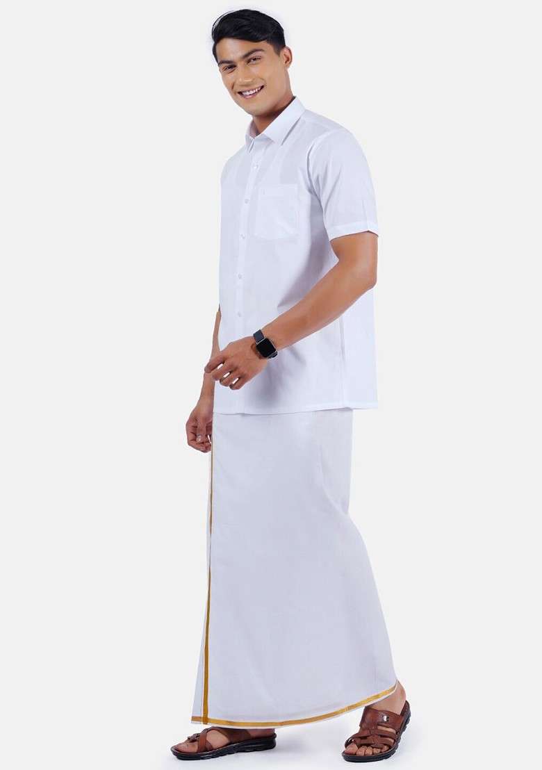 White Solid Polycotton Shirt With Gold Border White Dhoti For Men - Indya