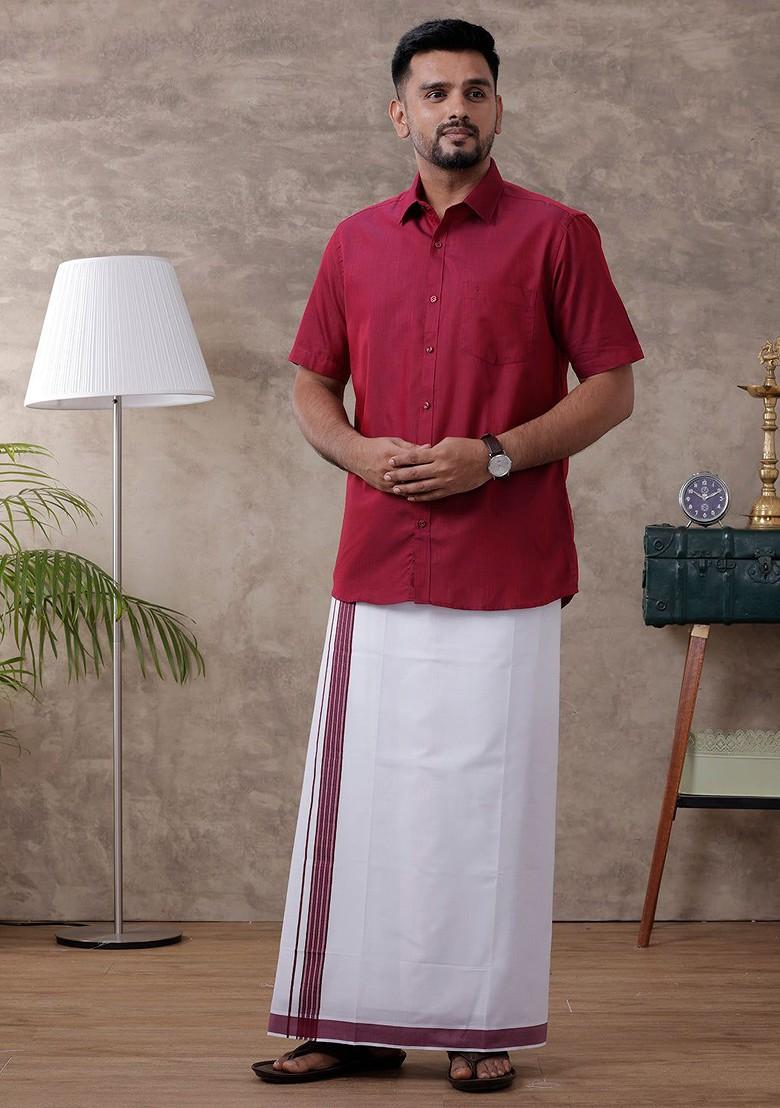 Purple Half Sleeve Shirt Regular Collar Shirt With Matching Fancy Border Dhoti For Men