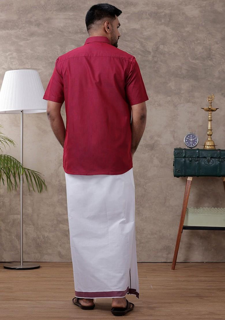 Purple Half Sleeve Shirt Regular Collar Shirt With Matching Fancy Border Dhoti For Men