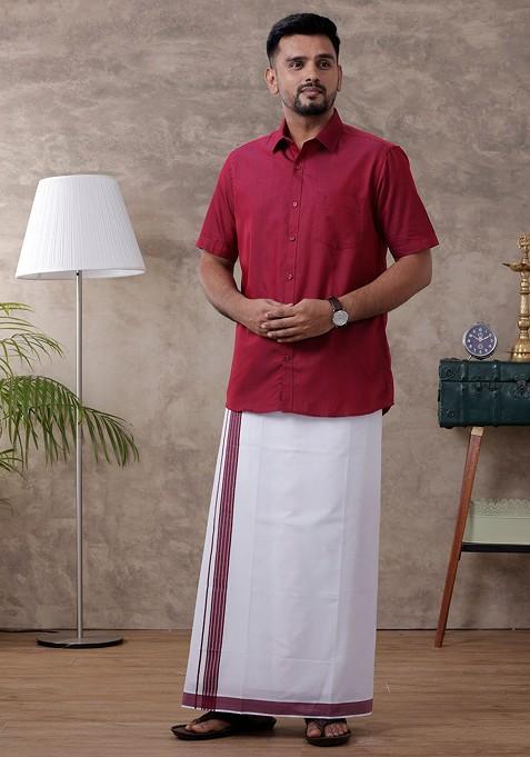 Purple Half Sleeve Shirt Regular Collar Shirt With Matching Fancy Border Dhoti For Men
