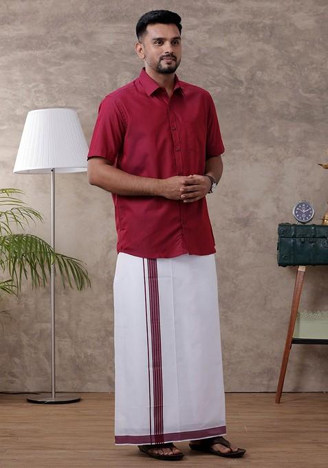 Purple Half Sleeve Shirt Regular Collar Shirt With Matching Fancy Border Dhoti For Men