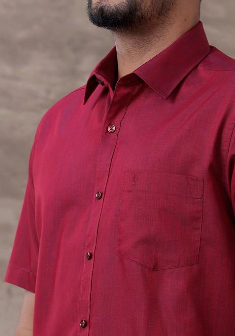 Purple Half Sleeve Shirt Regular Collar Shirt With Matching Fancy Border Dhoti For Men