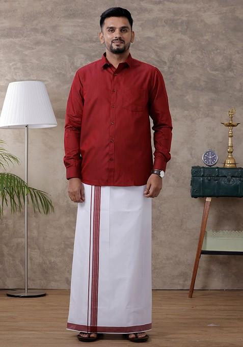 Red Full Sleeve Shirt Regular Collar Shirt With Matching Fancy Border Dhoti For Men