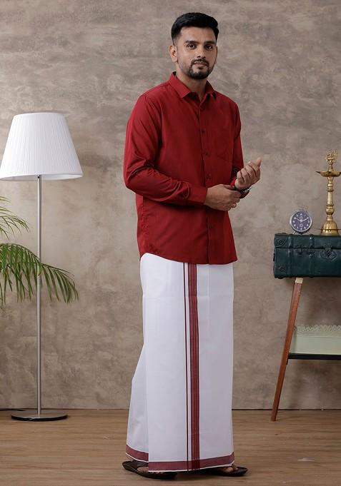 Red Full Sleeve Shirt Regular Collar Shirt With Matching Fancy Border Dhoti For Men