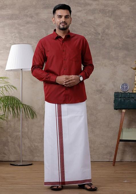 Red Full Sleeve Shirt Regular Collar Shirt With Matching Fancy Border Dhoti For Men