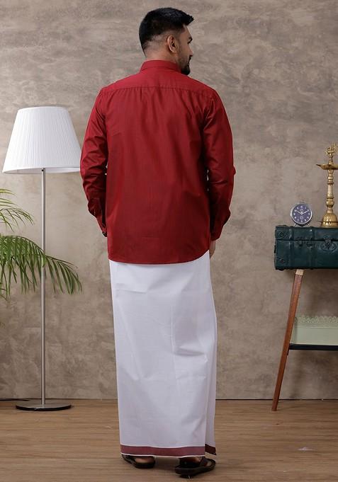 Red Full Sleeve Shirt Regular Collar Shirt With Matching Fancy Border Dhoti For Men