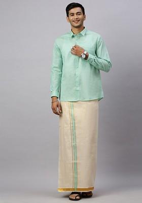 Green Cotton Shirt And Matching Border Tissue Dhoti Set For Men