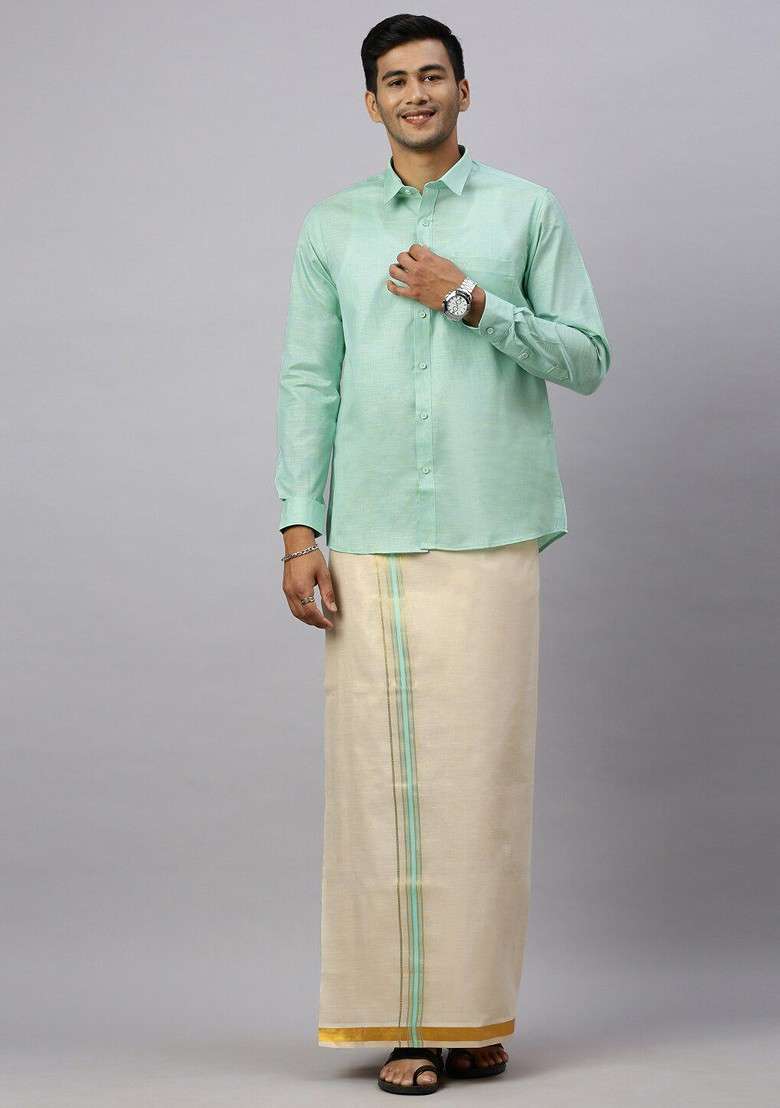 Green Cotton Shirt And Matching Border Tissue Dhoti Set For Men - Indya