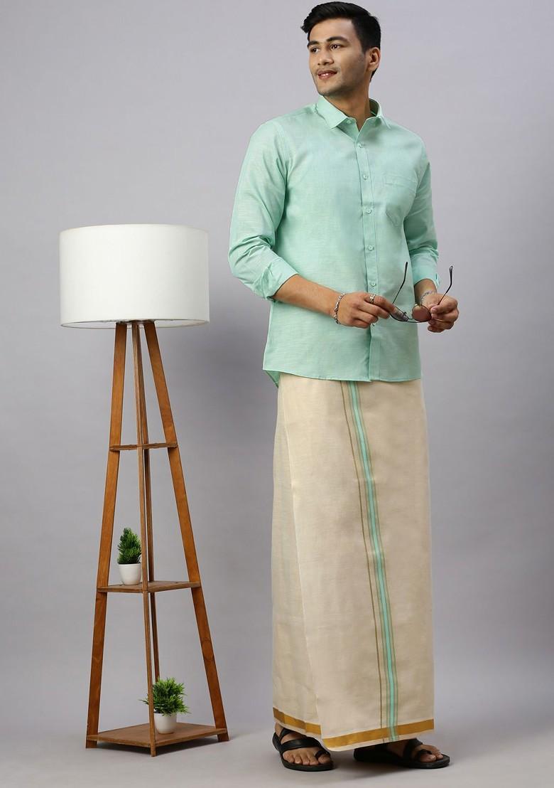 Green Cotton Shirt And Matching Border Tissue Dhoti Set For Men - Indya
