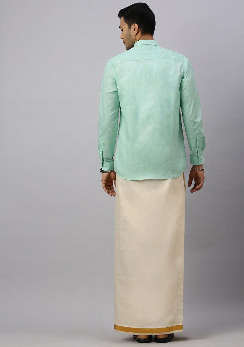 Green Cotton Shirt And Matching Border Tissue Dhoti Set For Men - Indya