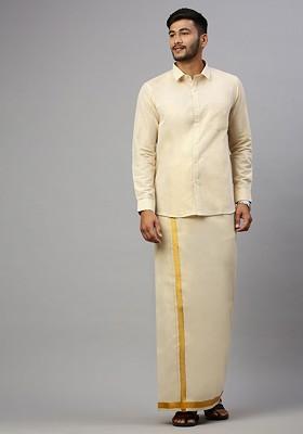 Gold Cotton Blend Full Sleeve Shirt With Matching Single Dhoti Set For Men