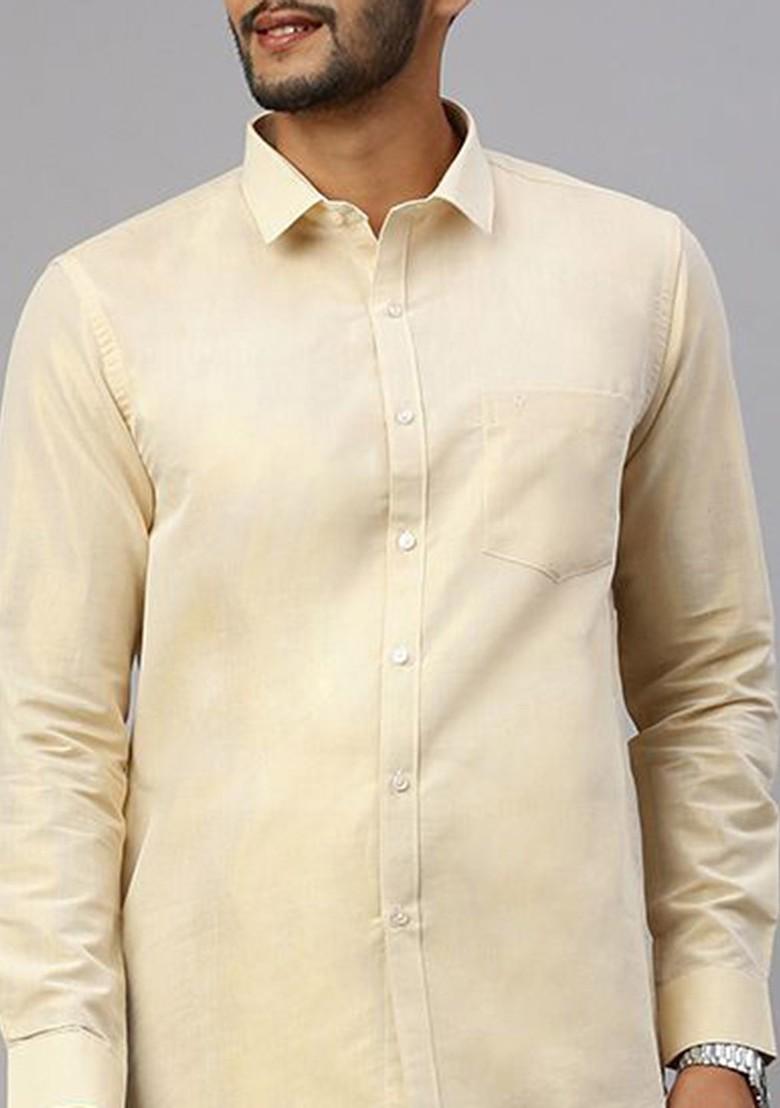 Gold Cotton Blend Full Sleeve Shirt With Matching Single Dhoti Set For Men - Indya