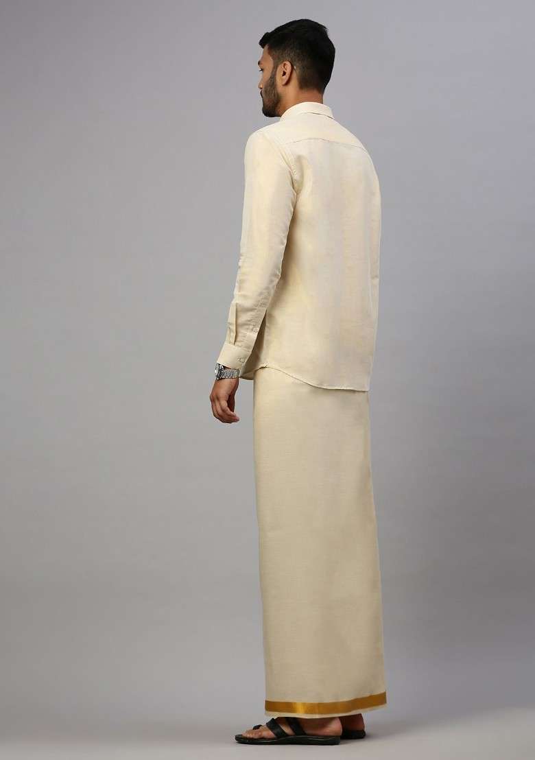 Gold Cotton Blend Full Sleeve Shirt With Matching Single Dhoti Set For Men - Indya