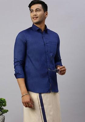 Blue Cotton Shirt And Matching Border Tissue Dhoti Set For Men