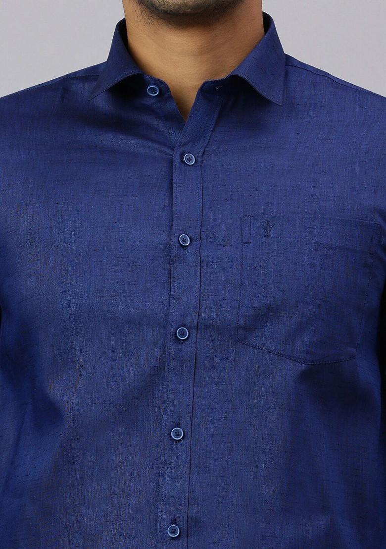 Blue Cotton Shirt And Matching Border Tissue Dhoti Set For Men