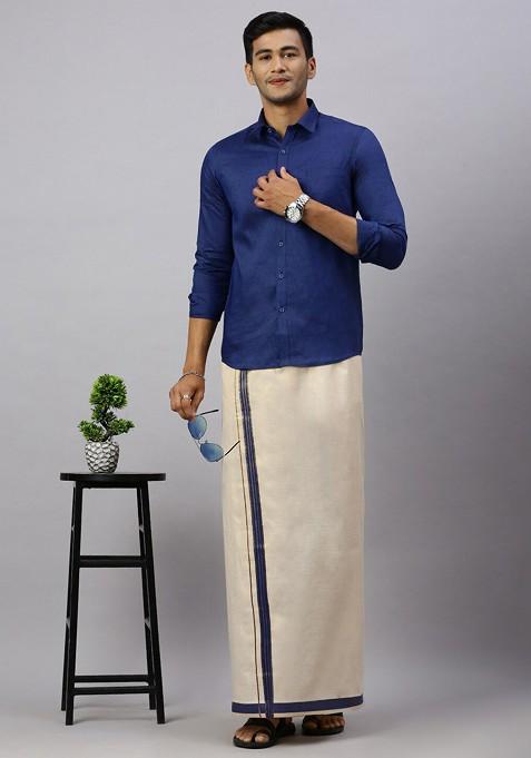 Blue Cotton Shirt And Matching Border Tissue Dhoti Set For Men