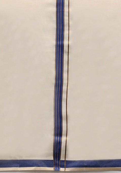 Blue Cotton Shirt And Matching Border Tissue Dhoti Set For Men