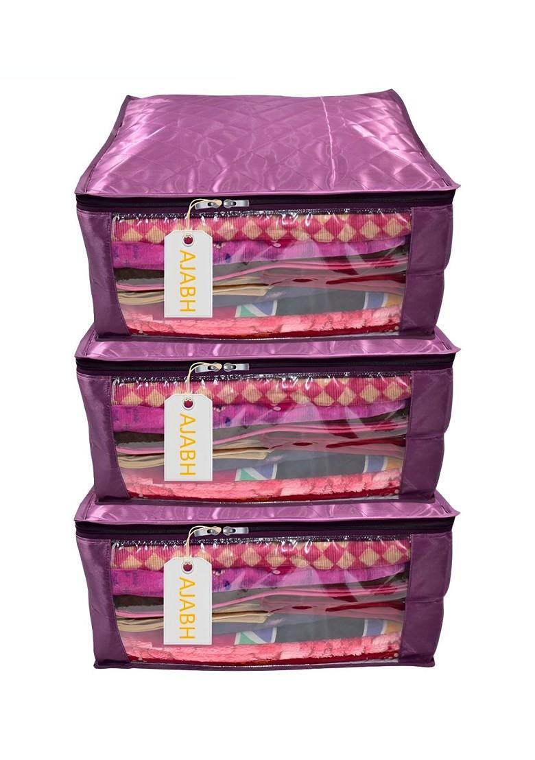Purple 3 Pieces Checked Satin Saree Cover Organisers