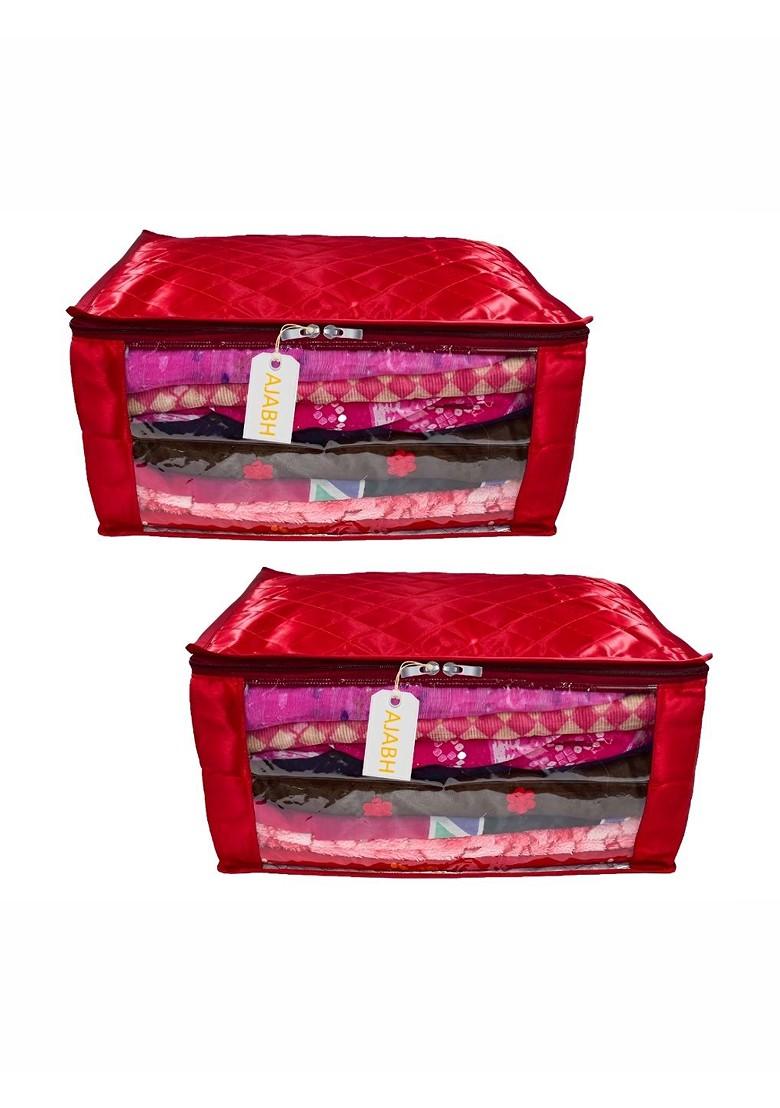 Maroon 2 Pieces Checked Satin Saree Cover Organisers