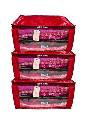 Maroon 3 Pieces Checked Satin Saree Cover Organisers