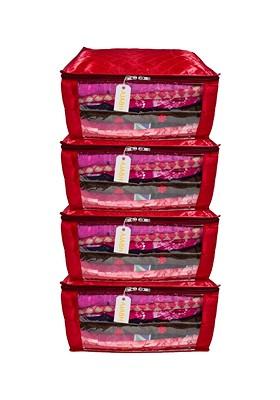 Maroon 4 Pieces Checked Satin Saree Cover Organisers