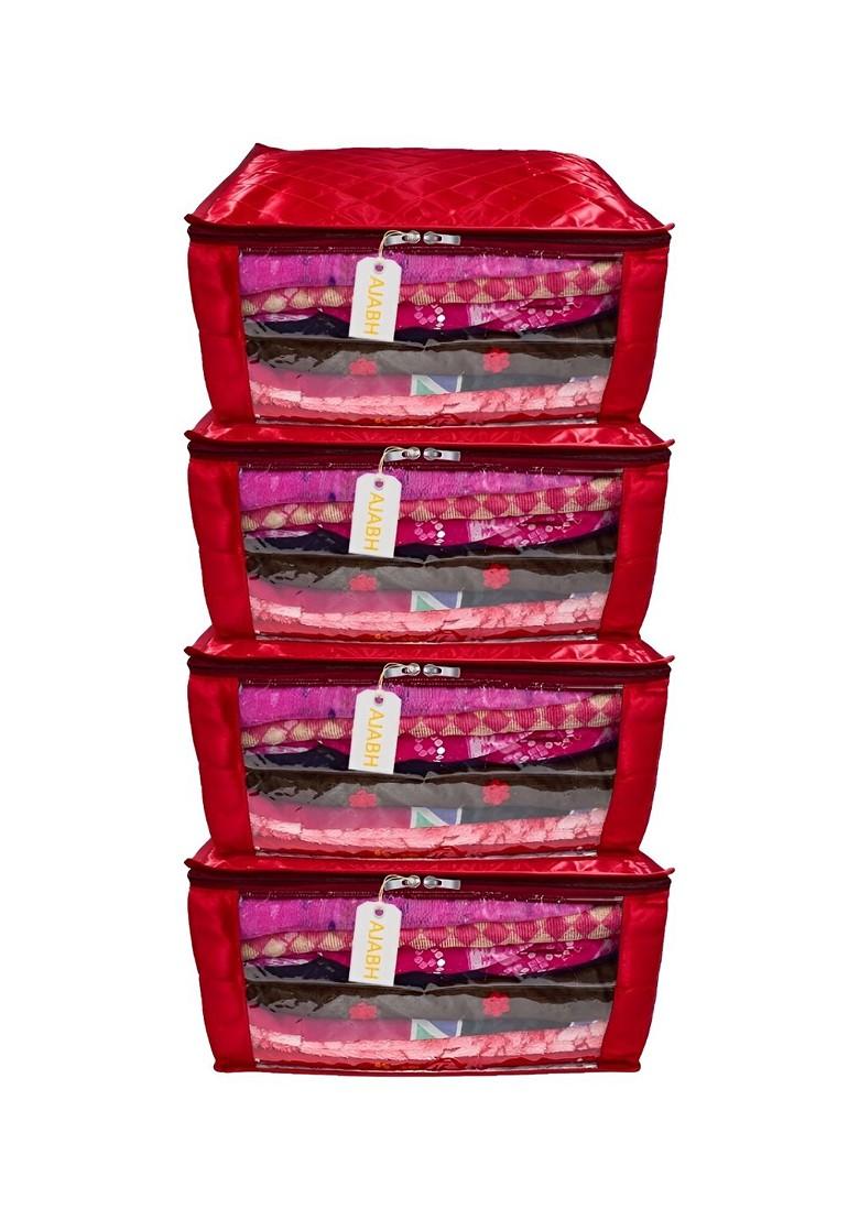 Maroon 4 Pieces Checked Satin Saree Cover Organisers