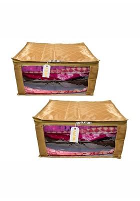 Gold Toned 2 Pieces Checked Satin Saree Cover Organisers