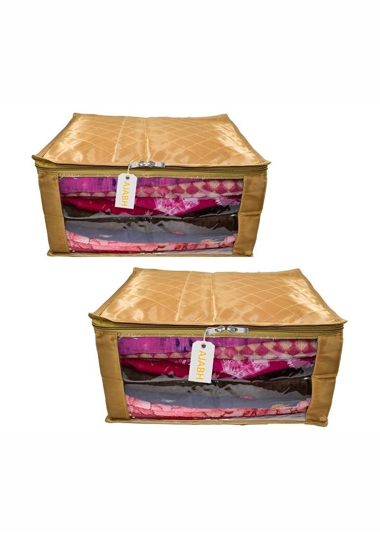 Gold Toned 2 Pieces Checked Satin Saree Cover Organisers