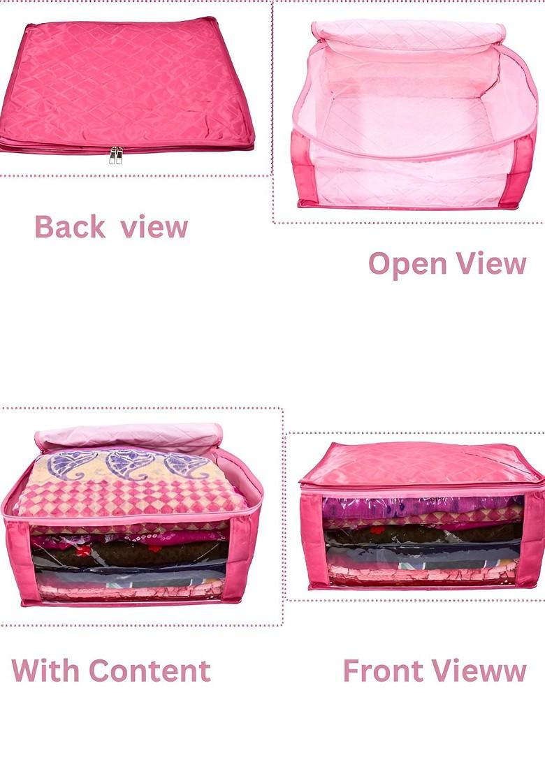 Pink 3 Pieces Checked Satin Saree Cover Organisers