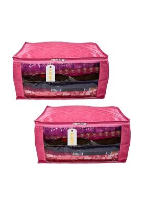 Pink 2 Pieces Checked Satin Saree Cover Organisers