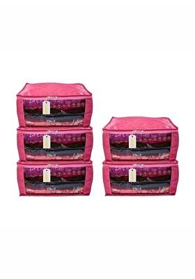 Pink 5 Pieces Checked Satin Saree Cover Organisers