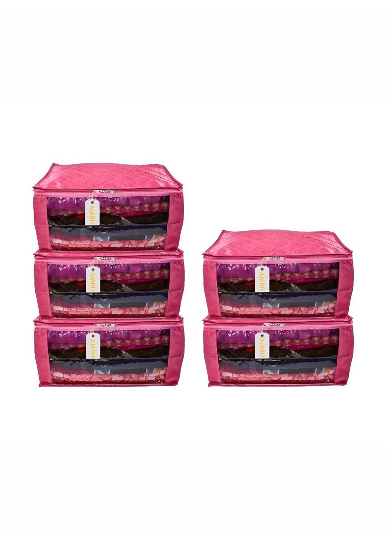 Pink 5 Pieces Checked Satin Saree Cover Organisers