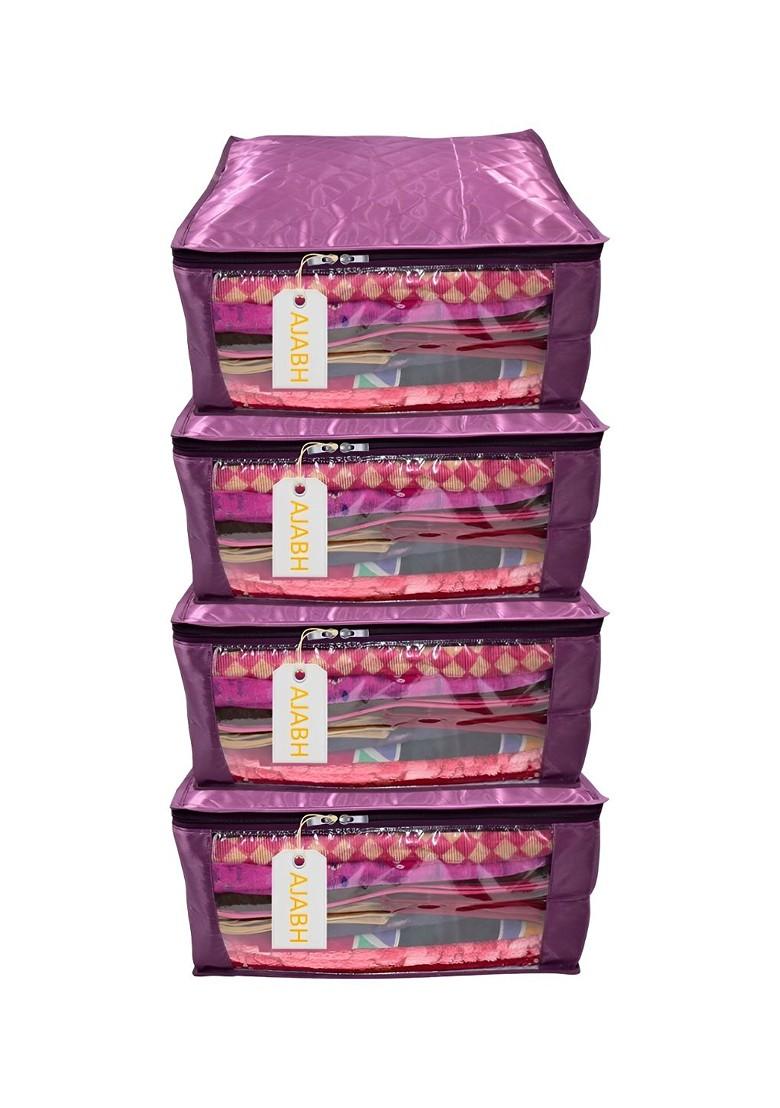 Purple 4 Pieces Checked Satin Saree Cover Organisers