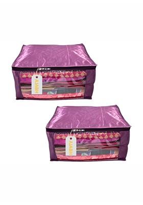 Purple 2 Pieces Checked Satin Saree Cover Organisers