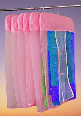 Set Of 12 Pink Checked Net Hanging Saree Covers