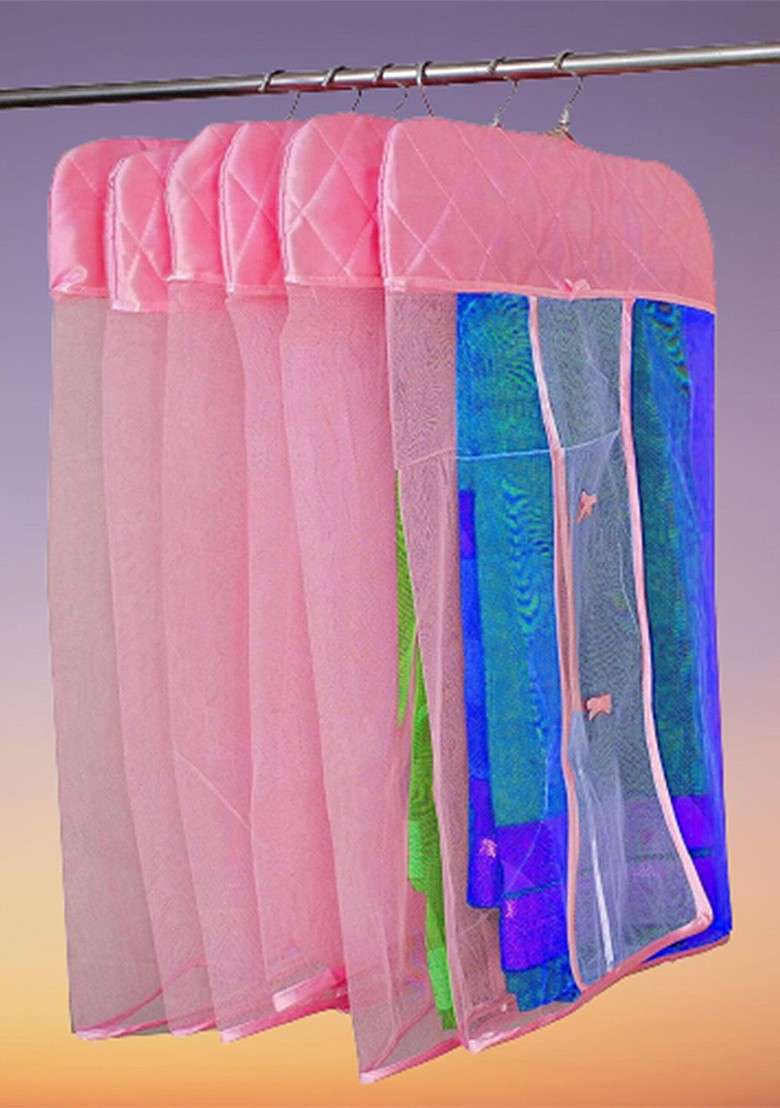 Set Of 12 Pink Checked Net Hanging Saree Covers - Indya