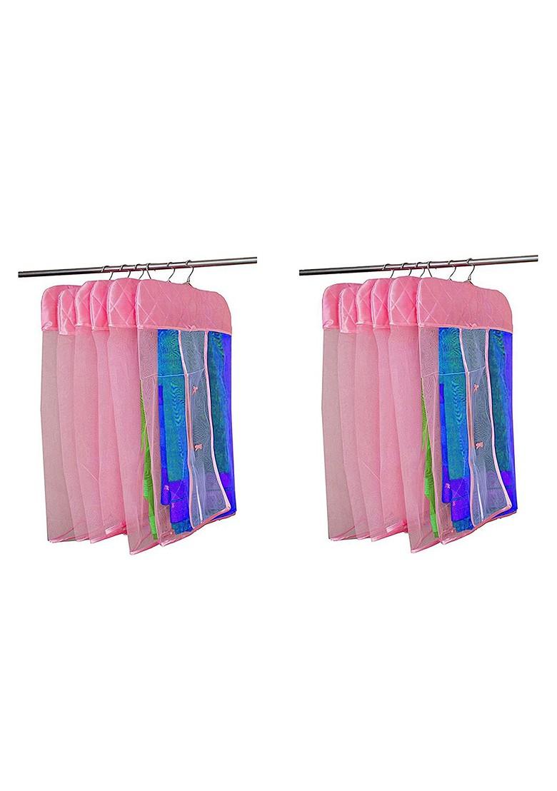 Set Of 12 Pink Checked Net Hanging Saree Covers