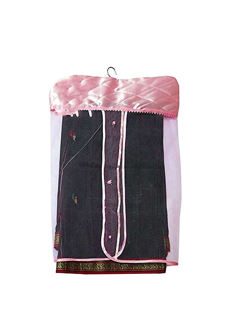 Set Of 12 Pink Checked Net Hanging Saree Covers - Indya