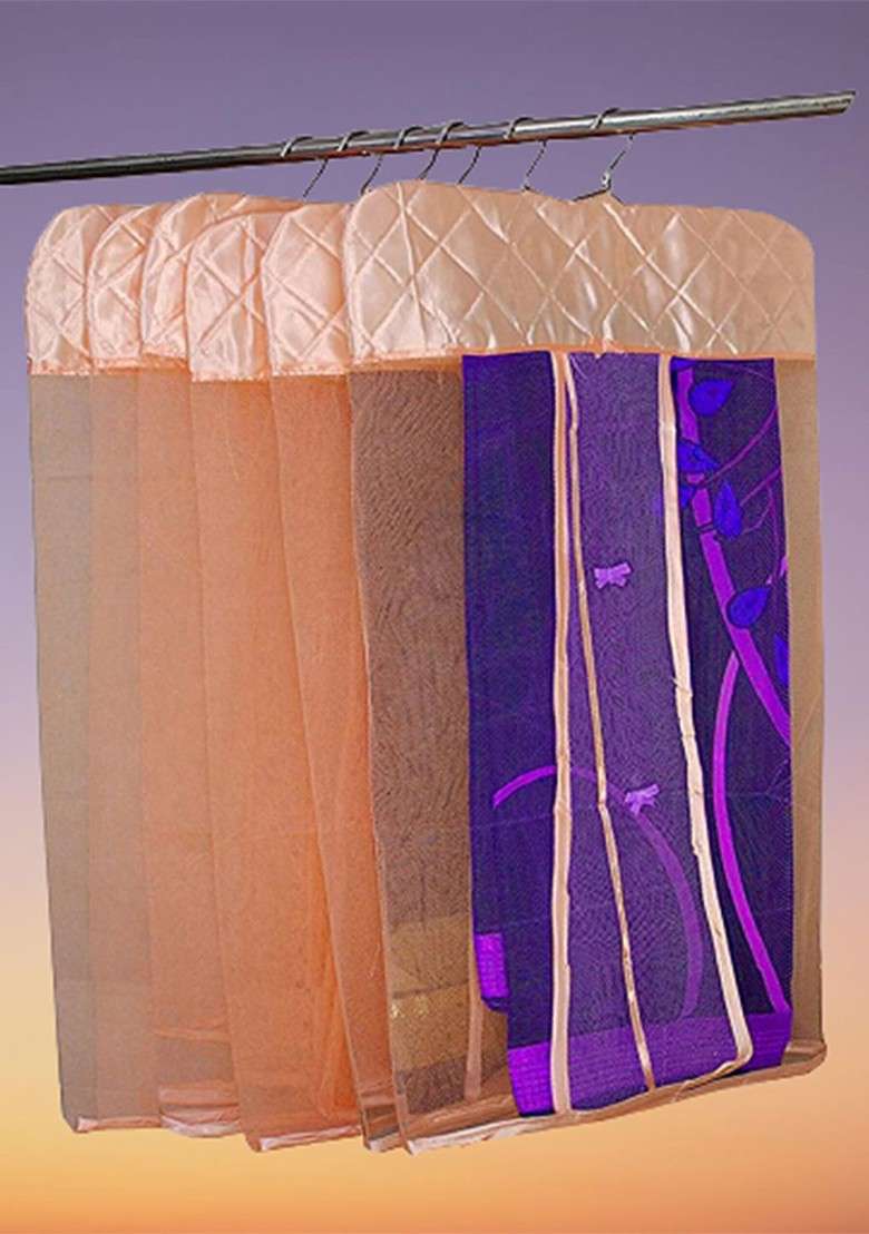 Set Of 12 Peach Self Design Satin Hanging Saree Covers - Indya
