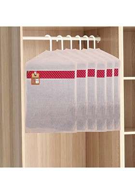Set Of 6 Off White And Red Cotton Hanging Saree Covers