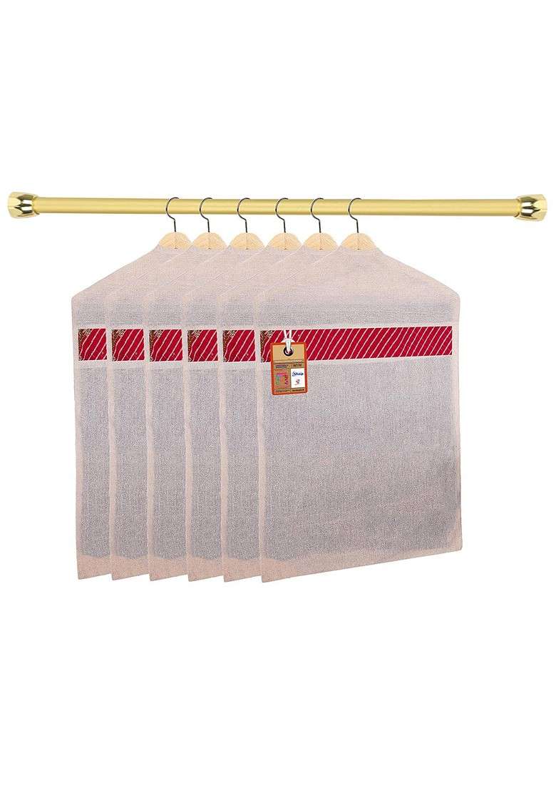 Set Of 6 Off White And Red Cotton Hanging Saree Covers - Indya