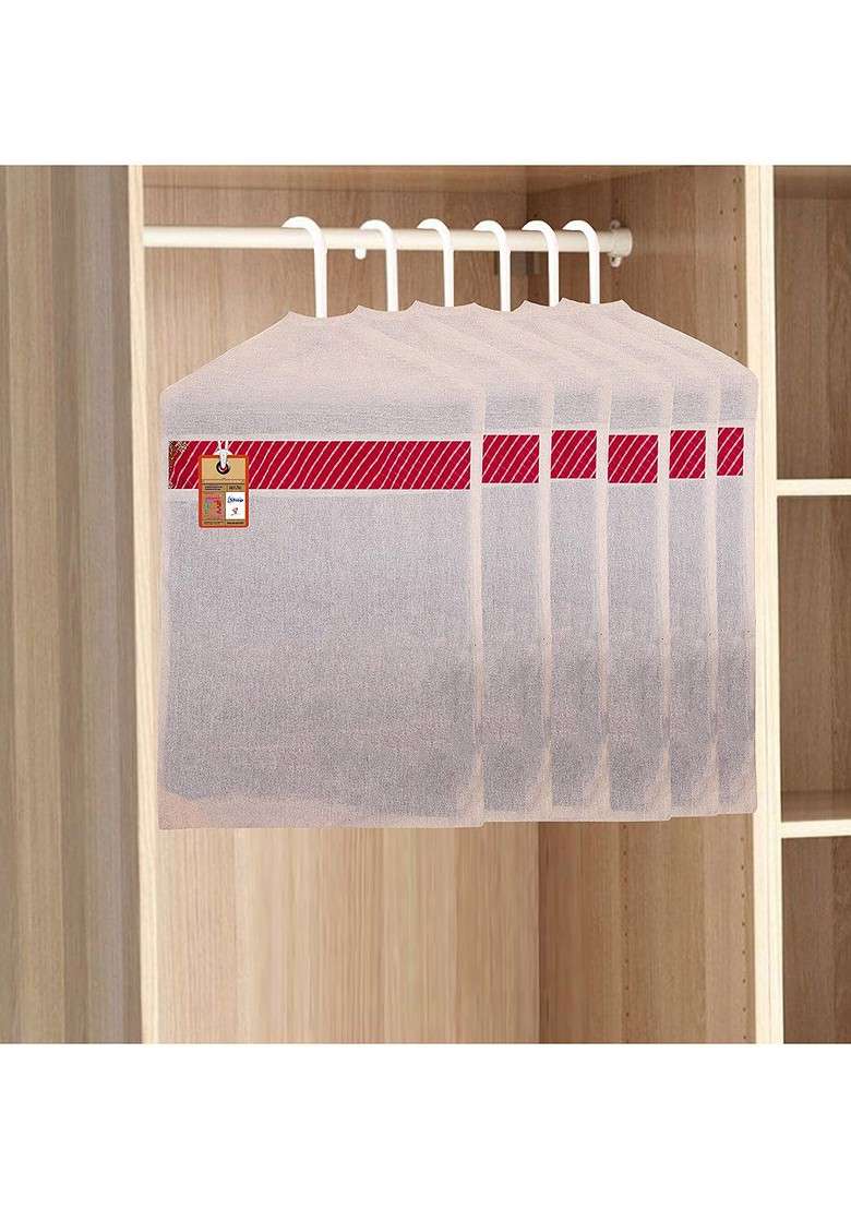 Set Of 6 Off White And Red Cotton Hanging Saree Covers - Indya