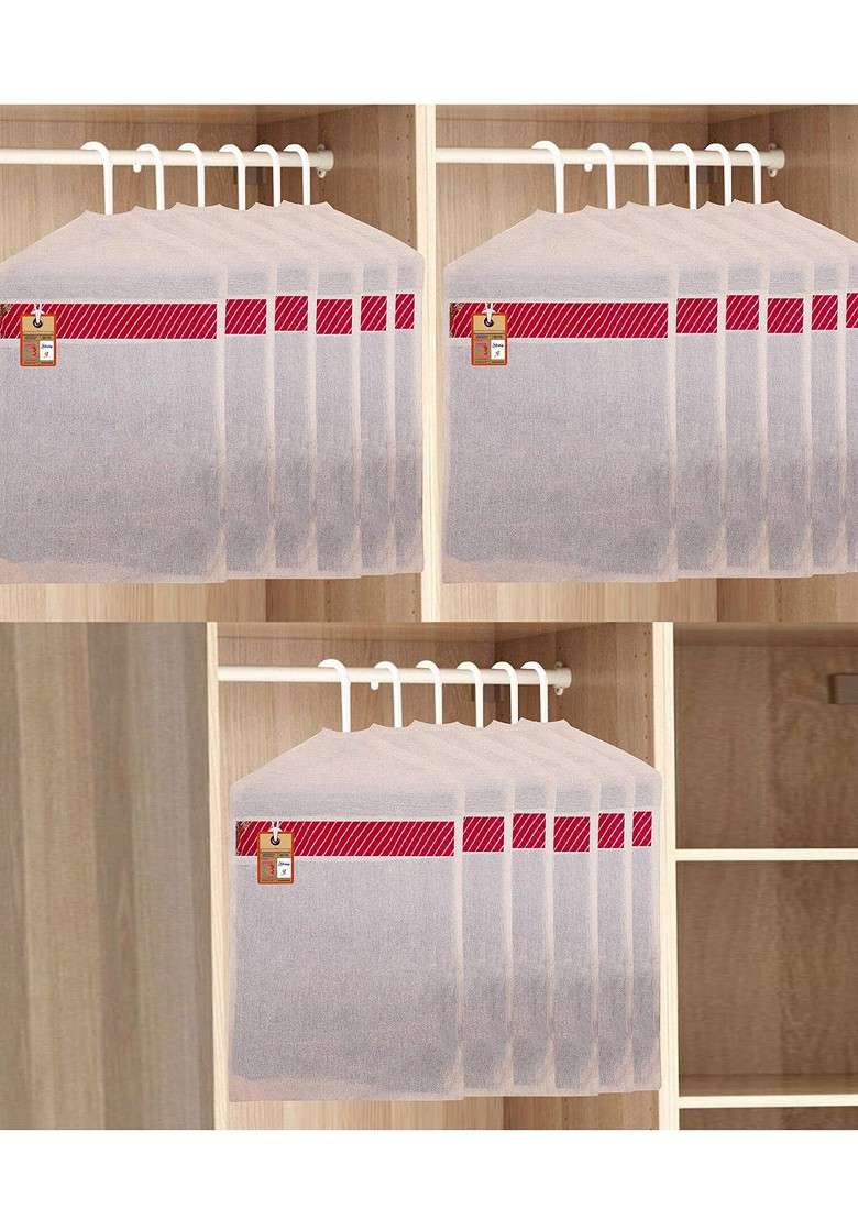 Set Of 18 Off White And Red Cotton Hanging Saree Covers - Indya
