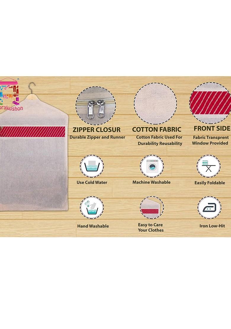 Set Of 18 Off White And Red Cotton Hanging Saree Covers