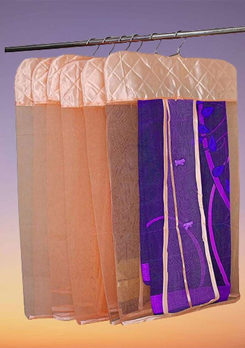 Set Of 24 Peach Net Hanging Saree Covers - Indya