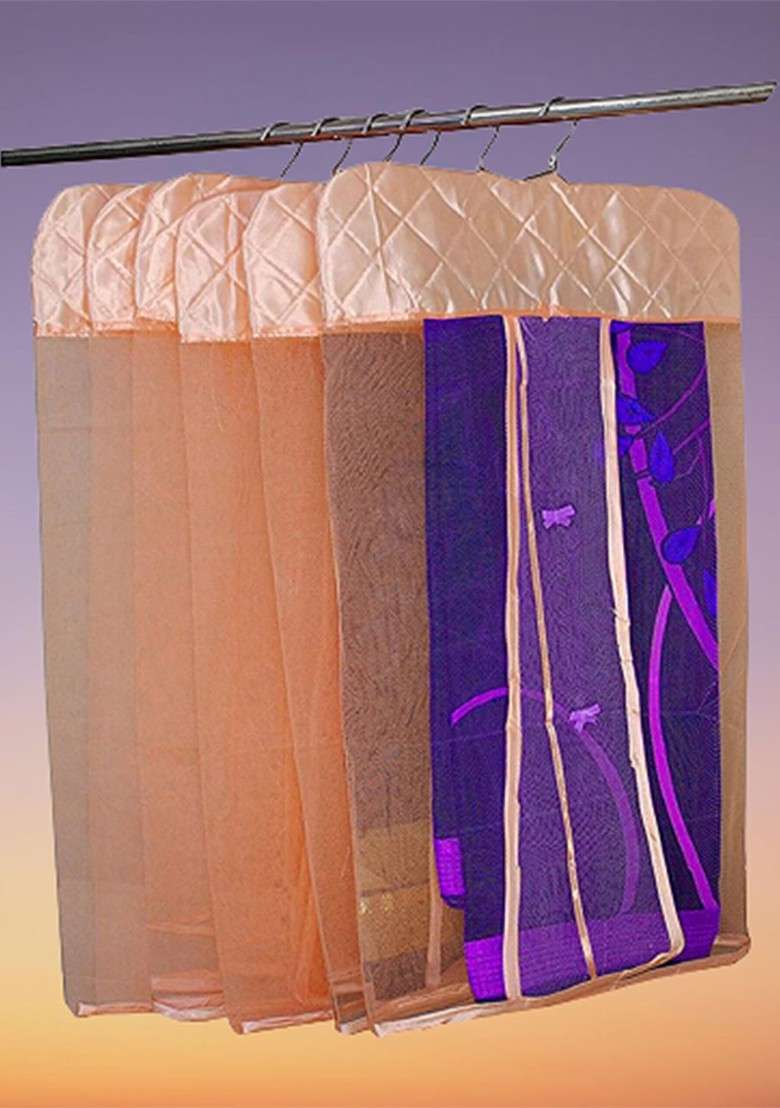 Set Of 18 Peach Net Hanging Saree Covers - Indya