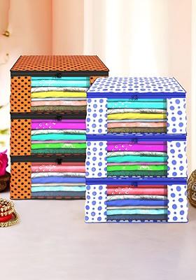 Blue And Orange Colored 6 Pieces Printed Foldable Saree Cover Organisers