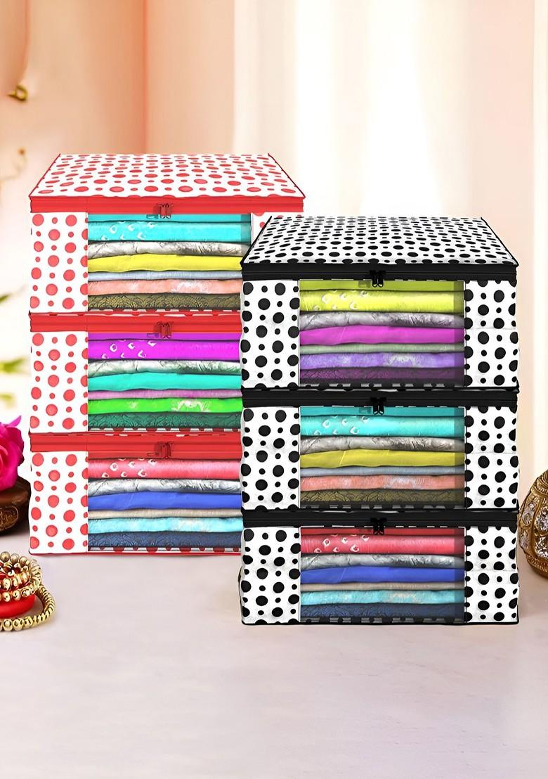 White And Red 6 Pieces Printed Foldable Saree Cover Organisers