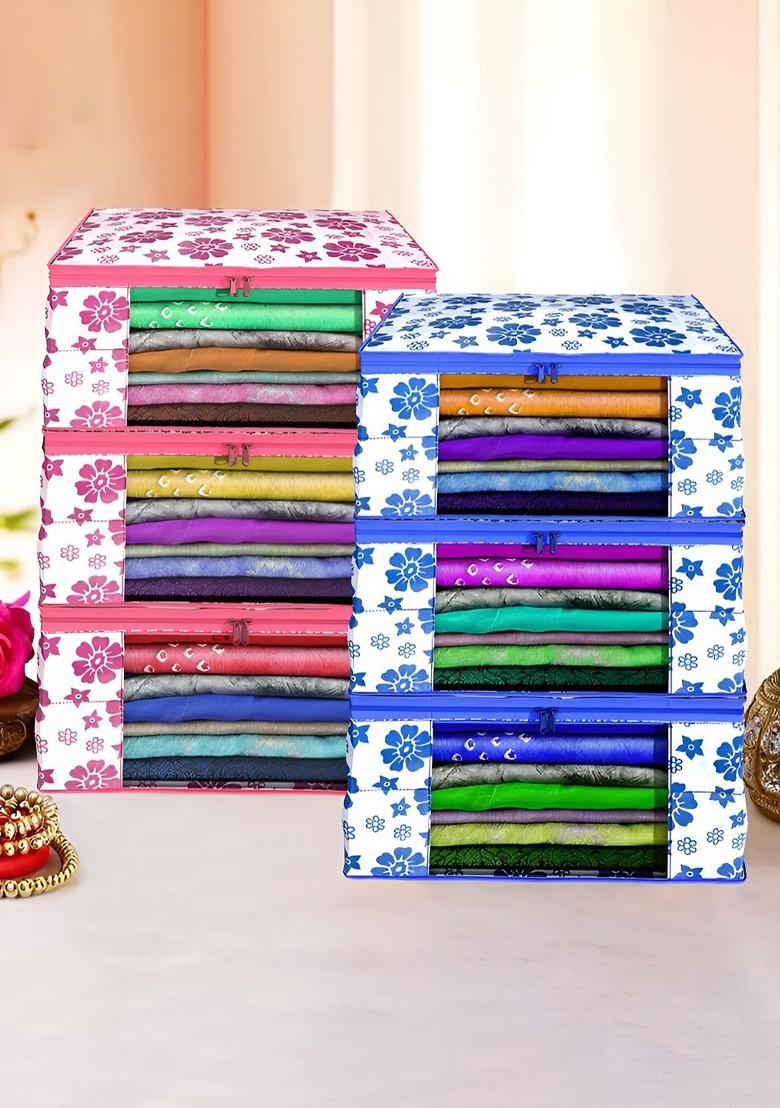 Pink And Blue 6 Pieces Printed Foldable Saree Cover Organisers