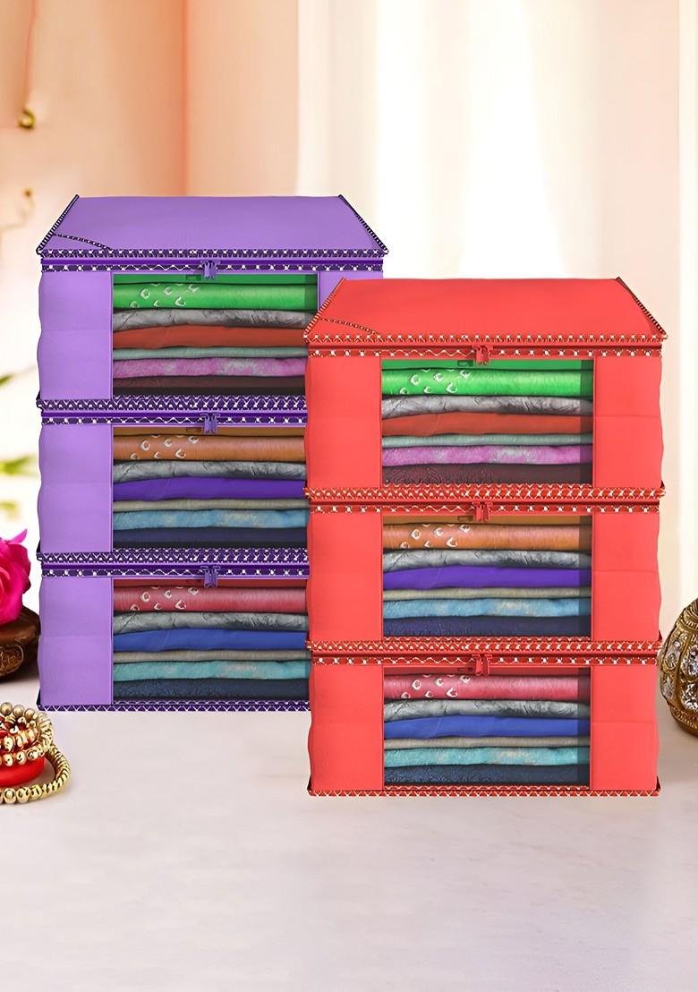 Purple And Red 6 Pieces Hathkadi Piping Saree Cover Organisers